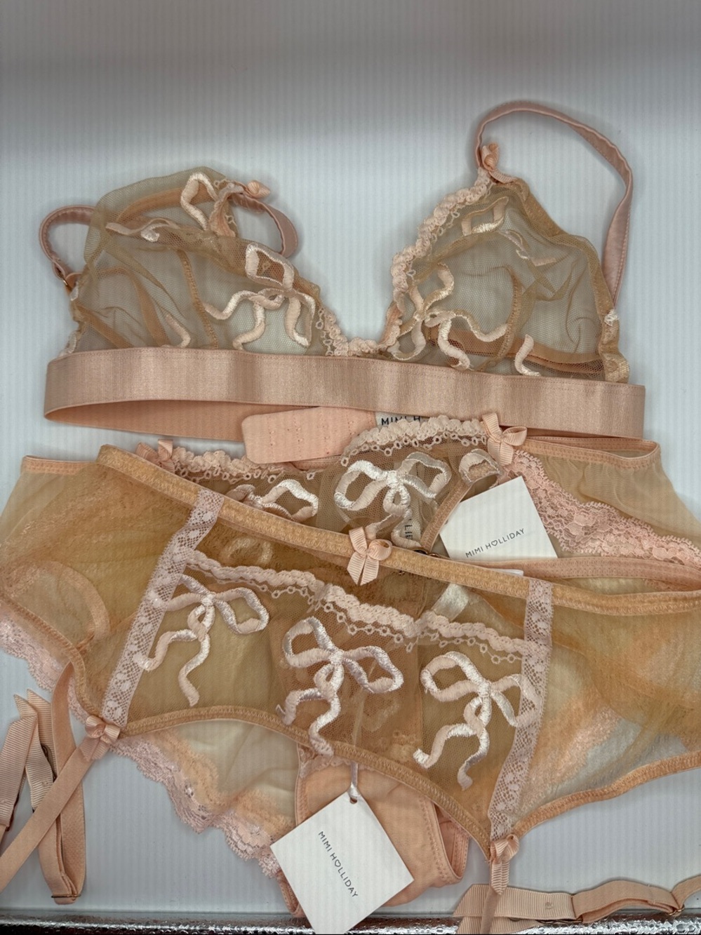 Mimi Holliday Camellia 3-Piece Peach Sheer Lace Bra Brief & Suspender Set